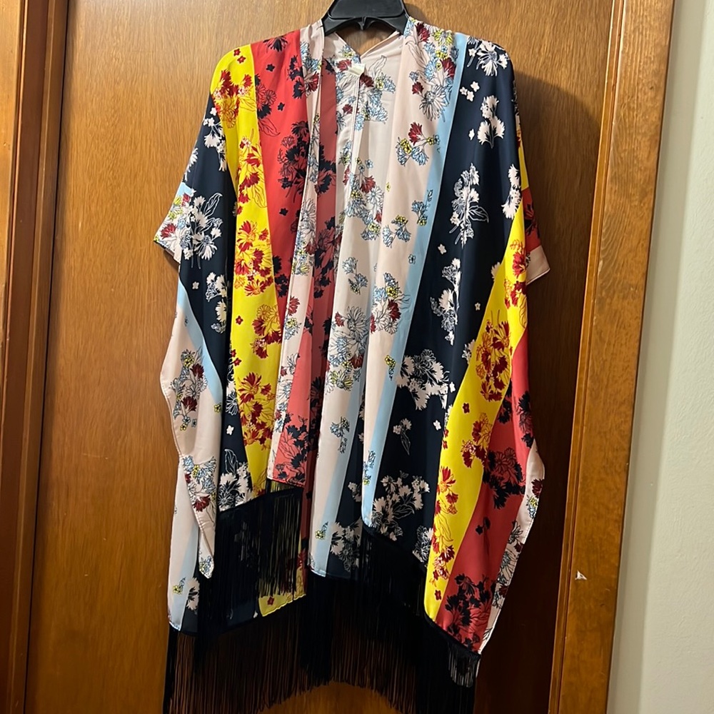 Multi-colored bright flowered cardigan - navy, yellow, baby blue, rust, white.